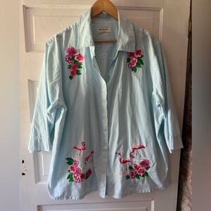 Bechamel Embroidered Light Blue Striped Flamingo Top